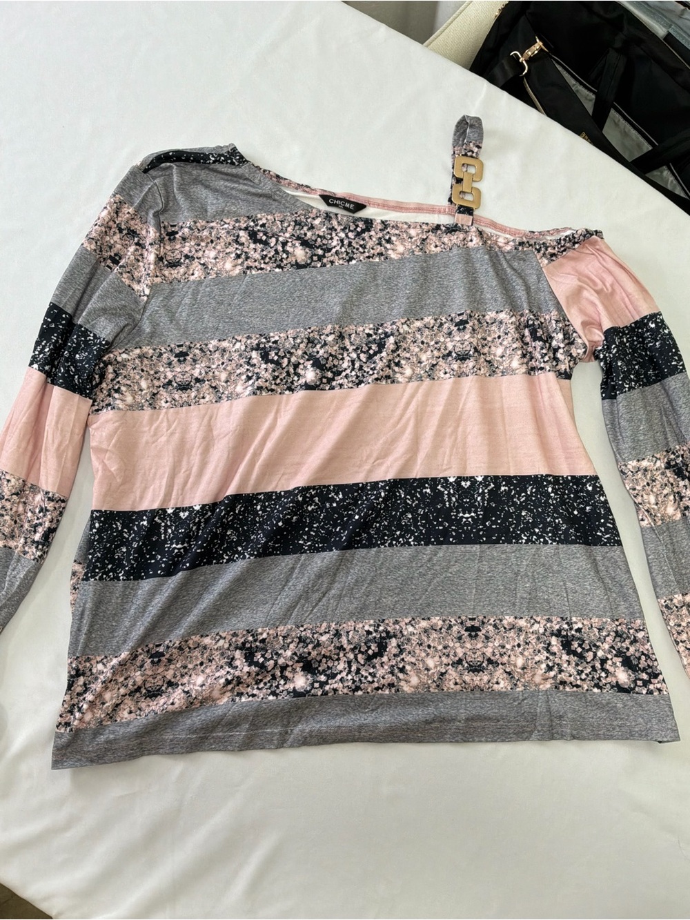 Asymmetric Off-Shoulder Striped Blouse in Pink, Gray & Black